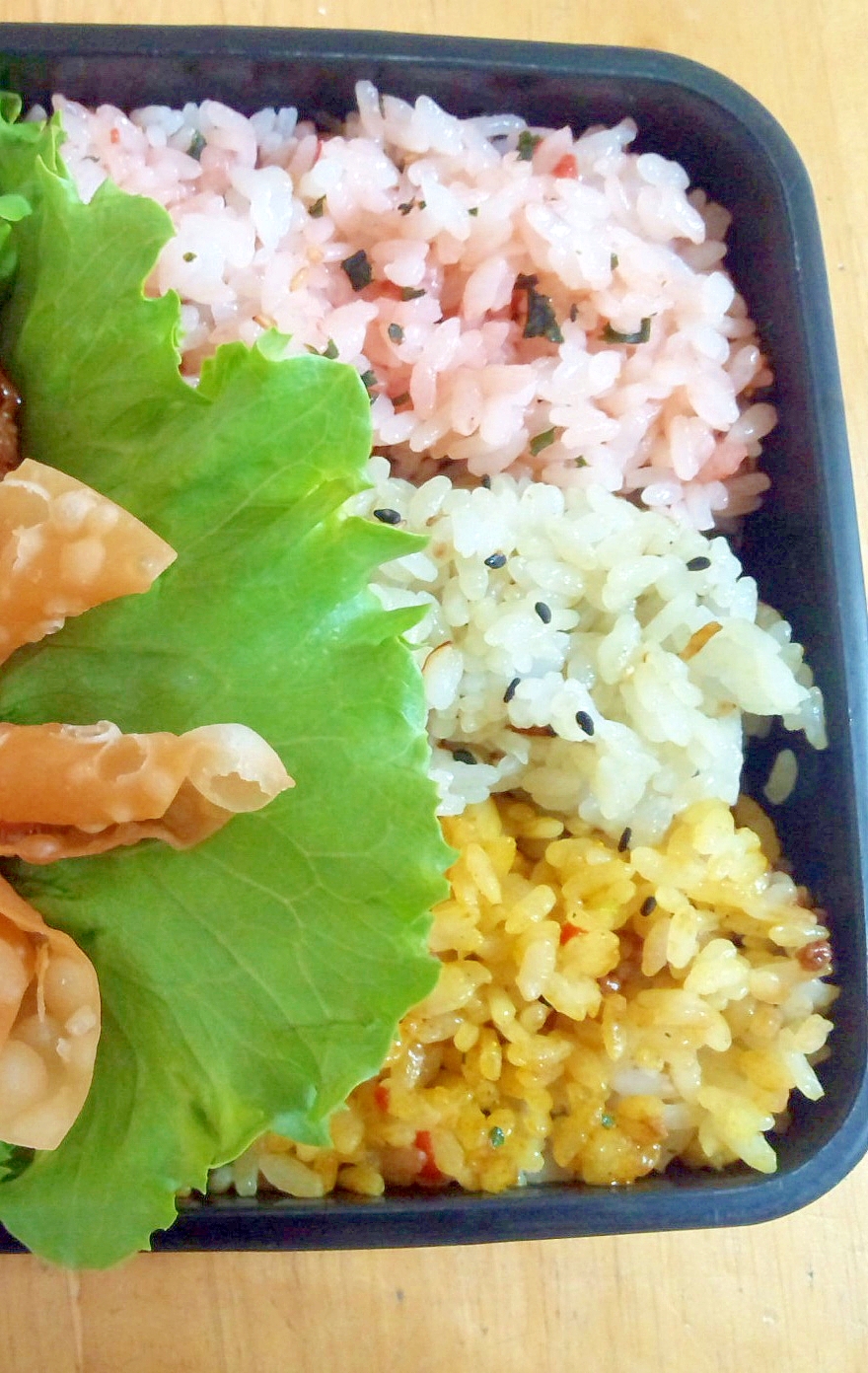 ドライカレー、高菜、梅干しの3色弁当 レシピ・作り方